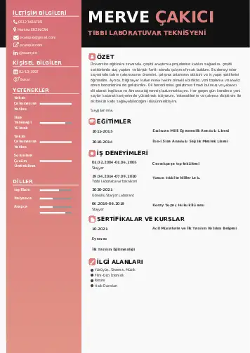 Laboratuvar Teknisyeni Cv Örnekleri cv indir